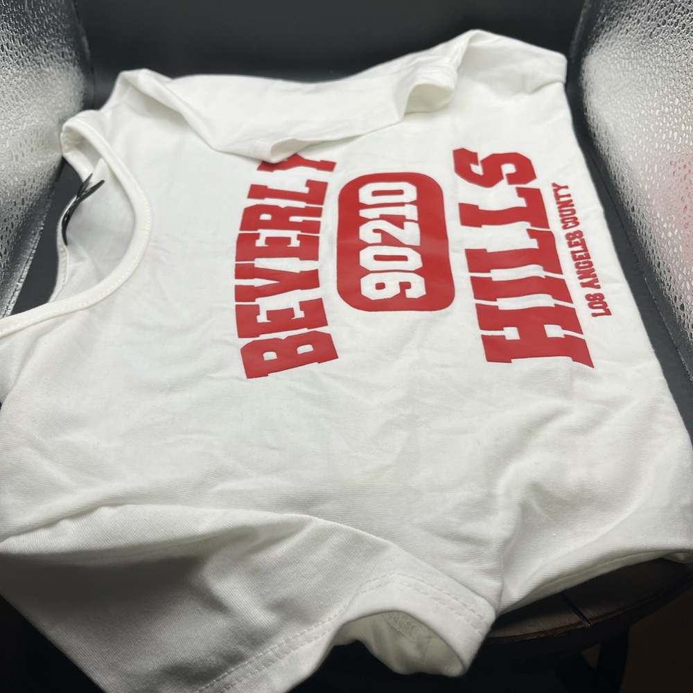 SHEIN White and Red Beverly Hills Crop Top